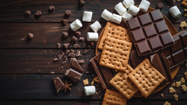 A wooden table featuring a tempting display of food ingredients like chocolate, marshmallows, and crackers, perfect for making delicious indoor smores AIG50