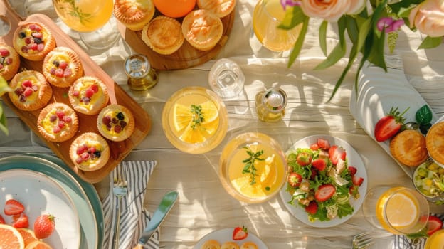 A wooden table beautifully set with a variety of dishes and drinks. The tableware showcases a diverse range of cuisine with fresh ingredients and garnishes AIG50
