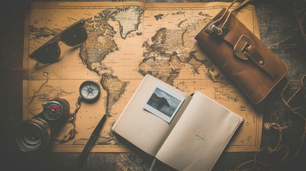 A green hat, aqua sunglasses, an electric blue compass, a watercolored notebook, and a map with an azure pattern on a circle design table AIG50