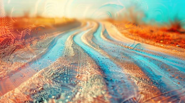 A vibrant painting of a winding road with an electric blue sky and a majestic mountain in the background, showcasing the beauty of natural landscape through art and intricate patterns AIG50