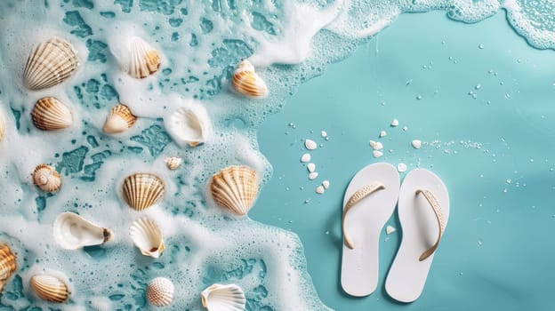 An electric blue flip flop is peacefully floating in the azure water, encircled by seashells, creating a beautiful natural art composition AIG50