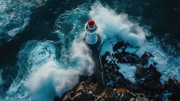 A breathtaking aerial view of a lighthouse standing on a rock surrounded by vast liquid water, showcasing the beauty of natural landscape and perfect for leisure and recreation AIG50