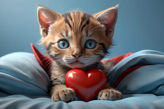 Cute kitten with red heart, isolated on blue background .