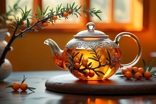 sea buckthorn tea in a glass teapot isolated on a yellow background .