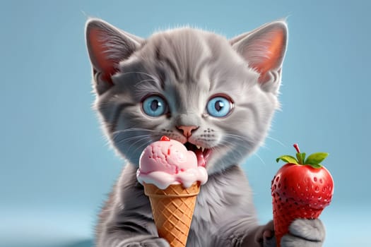 Cute cute kitten with cool tasty ice cream, isolated on light blue background .