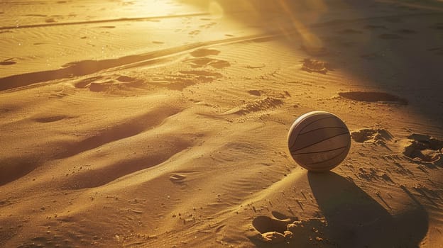 A volleyball rests atop a sandy dune overlooking the beautiful beach landscape, surrounded by aeolian landforms and hardwood flooring AIG50