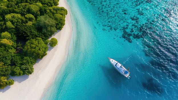 A boat navigating the azure waters near a coastal beach, surrounded by natural landscapes and oceanic landforms. Trees and vehicles visible on the shoreline AIG50