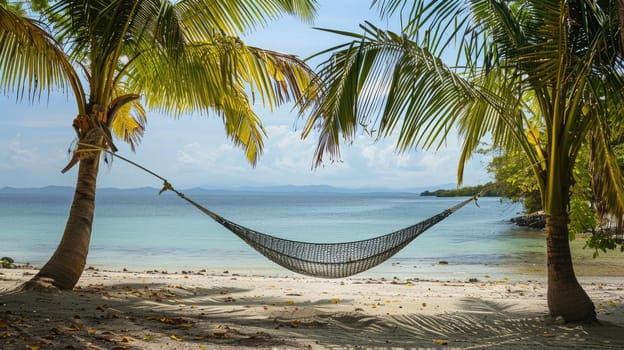 A hammock is swaying between two tall palm trees on a sandy beach, overlooking the crystalclear water and blue sky. The natural landscape is serene and perfect for relaxation AIG50