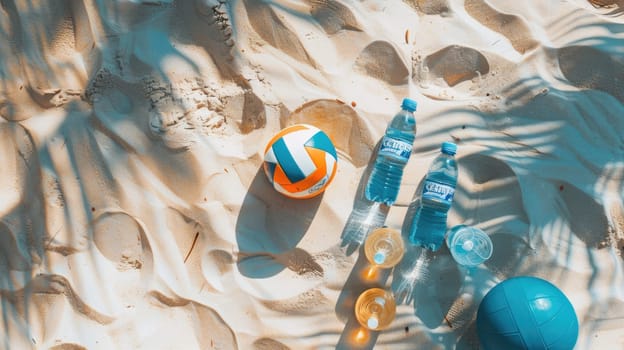 A row of glass bottles, azure balls, and paddles lay scattered on the sandy beach, creating a beautiful art display in harmony with the natural environment AIG50