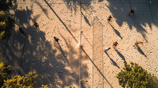 An artistic aerial shot captures people strolling on a beach, casting electric blue shadows on the sandy slope, creating a stunning pattern resembling terrestrial animal prints AIG50