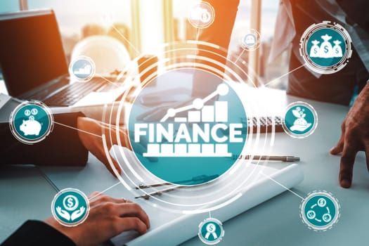Finance and Money Transaction Technology Concept. Icon Graphic interface showing fintech trade exchange, profit statistics analysis and market analyst service in modern computer application. uds
