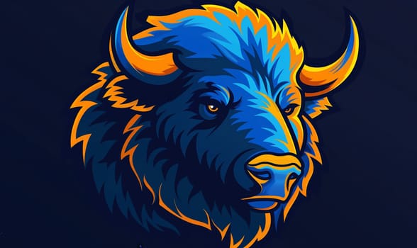 Blue bison with yellow horns standing against a dark background.