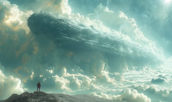 A man stands atop a mountain, surrounded by clouds.