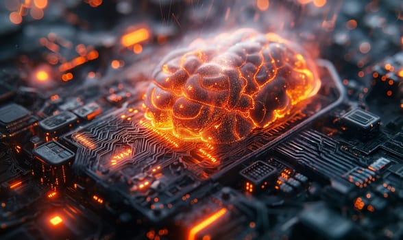A glowing brain sits atop a computer processor, symbolizing artificial intelligence and technology advancements.