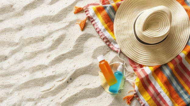 A wooden patterned hat lies next to a furry peachcolored towel on the beach, with a musical instrument tucked under the brim and a mask of a fictional character nearby AIG50