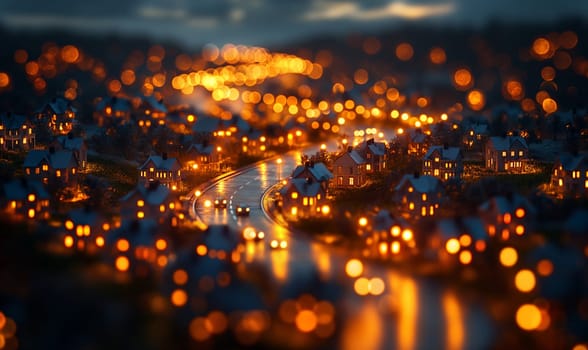 Blurry view of city lights and buildings at night.