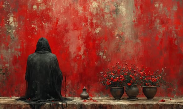 A painting of a person seated in front of a vibrant red wall.