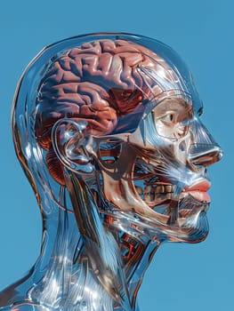 A glass head displaying human anatomy with visible brain, muscles, jaw, neck, and eye, creating a unique artistic gesture of the human body organism