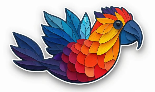 Handcrafted paper bird in vibrant colors, isolated on white.
