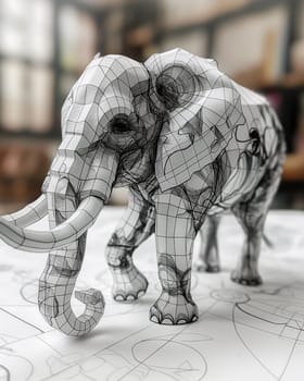 A paper elephant sculpture rests on a wooden table.