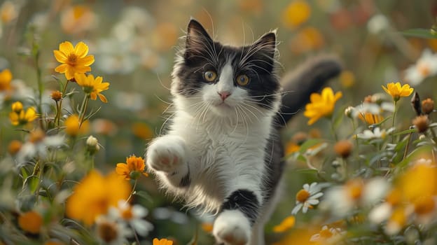 Summer background, A beautiful cat running in flower field in a sunny dreamy day.