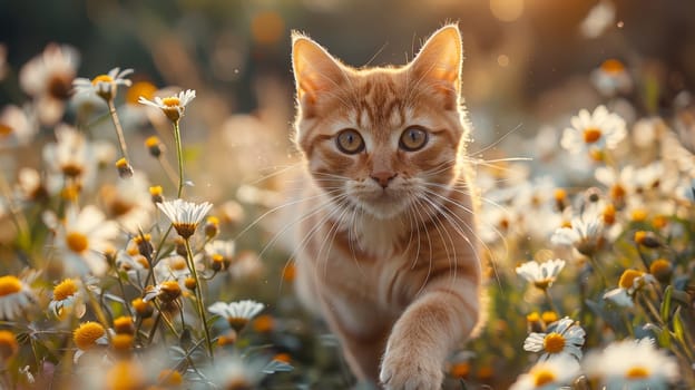 Summer background, A beautiful cat running in flower field in a sunny dreamy day.