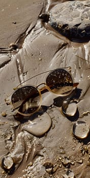 A pair of sunglasses rests on the muddy beach next to a table set with seafood cuisine. The glassware and tableware are perfect for serving dishes like shellfish, creating a seaside dining event