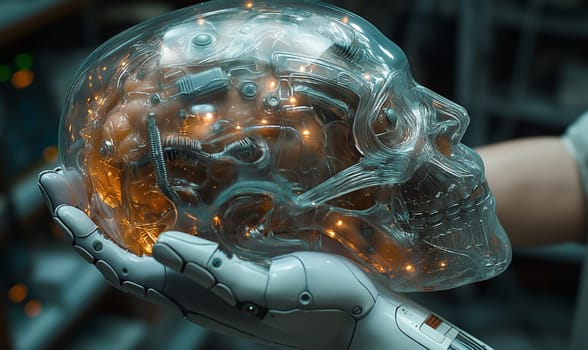 A robotic hand grasping a glowing human skull.