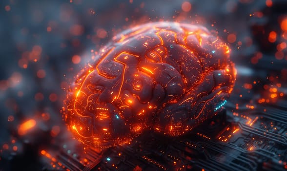 Computer circuit board with a glowing brain showcasing advanced technology.
