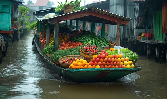A boat brimming with a colorful assortment of freshly picked fruits and vegetables.