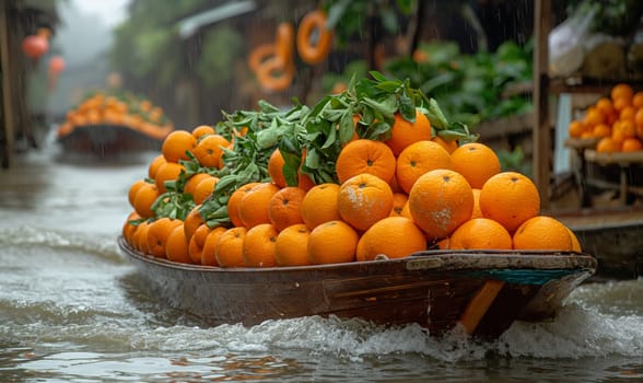 Boat filled with oranges floating down river.