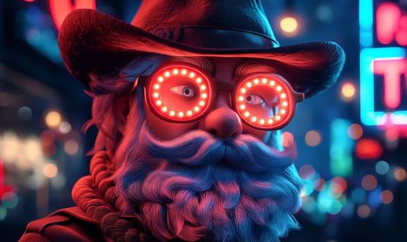A man wearing a hat and glasses with red lights on his eyes.