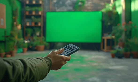 A person is holding a remote control in front of a green screen.