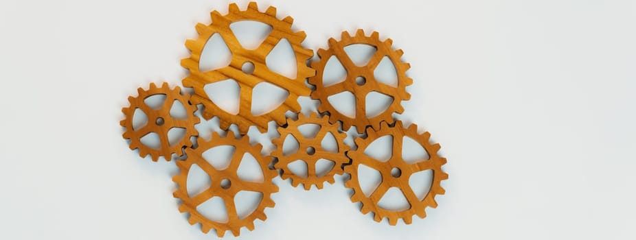 Panorama banner of wooden cogwheel gear connecting each other symbolize function productive system in business company and synergy teamwork with effective and efficiency working. Synergic