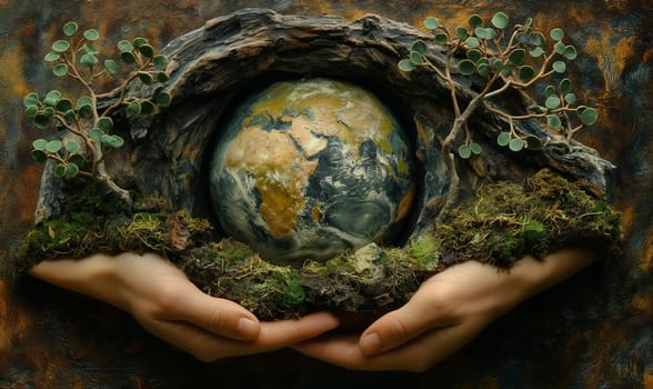 Two hands gently hold a small earth in a hole in this symbolic image.