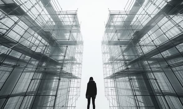 A person standing in front of a towering skyscraper.