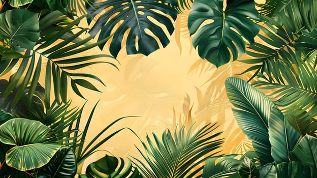 A vibrant painting featuring tropical leaves on a sunny yellow background, showcasing the beauty of terrestrial plant vegetation in a lush landscape
