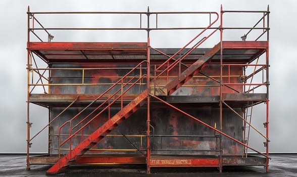 A red staircase contrasts against a massive metal framework.