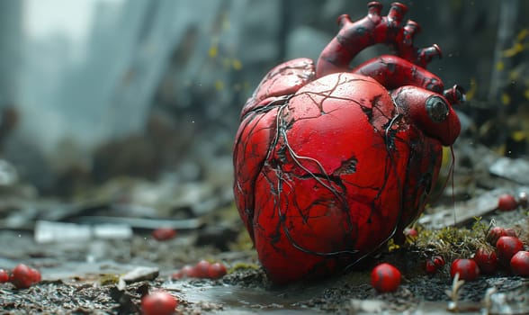 Red heart placed on top of a mound of dirt.