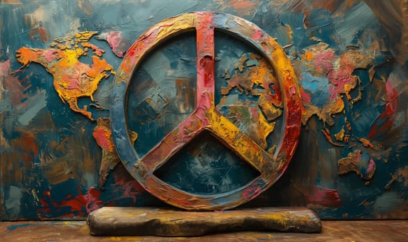 Painting of a peace sign resting on a wooden surface.