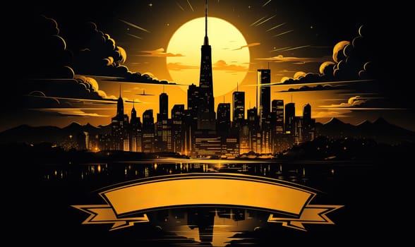 City skyline with a banner in the foreground.
