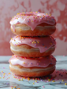 A delightful dessert consisting of three donuts stacked with pink frosting and sprinkles, a delicious finger food perfect for satisfying a sweet tooth