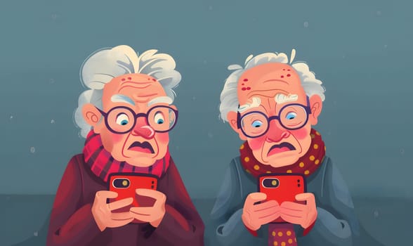 two elderly people are looking at their cell phones . High quality