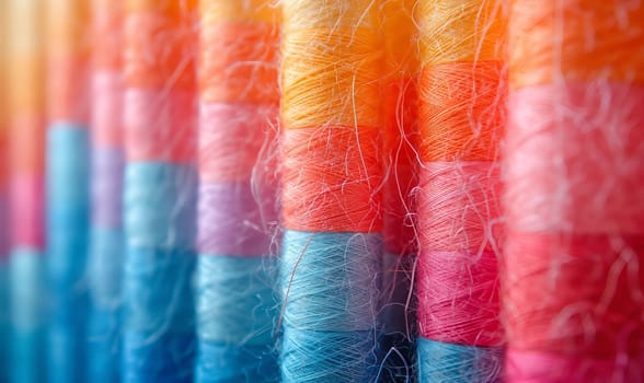 Various colored spools of thread neatly lined up in a row.