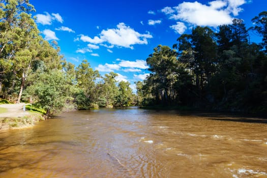 Warrandyte River Reserve and surrounding landscape on a cool autumn day in Warrandyte, Victoria, Australia.