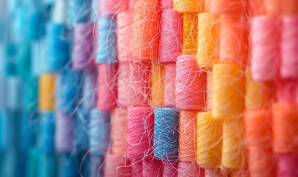 Various colorful spools of thread arranged on a wall.