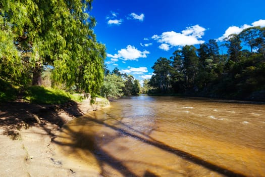 Warrandyte River Reserve and surrounding landscape on a cool autumn day in Warrandyte, Victoria, Australia.