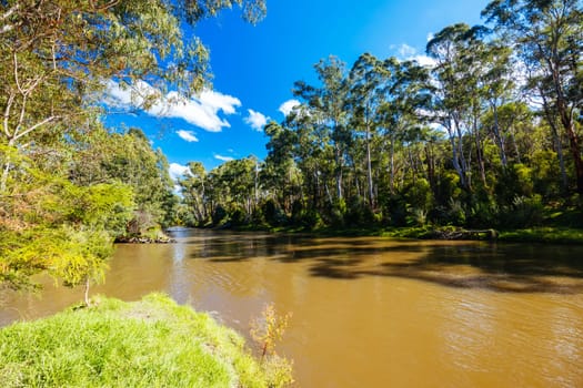 Warrandyte River Reserve and surrounding landscape on a cool autumn day in Warrandyte, Victoria, Australia.