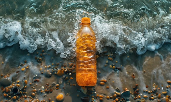 An orange bottle resting on sandy beach next to the ocean waves.