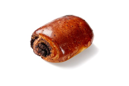 Fluffy freshly baked sweet bun with browned crust and poppy seed filling isolated on white background. Popular pastry